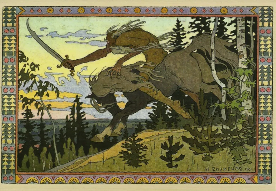 Рисунок в орнаментальной рамке: тощий старик Кощей с саблей на коне скачет по лесистому холму