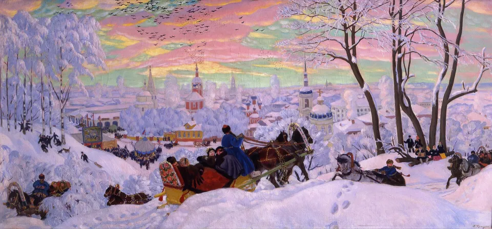 Картина: зимний город с церквями, катания на санях и тройках, гулянье на снежной площади