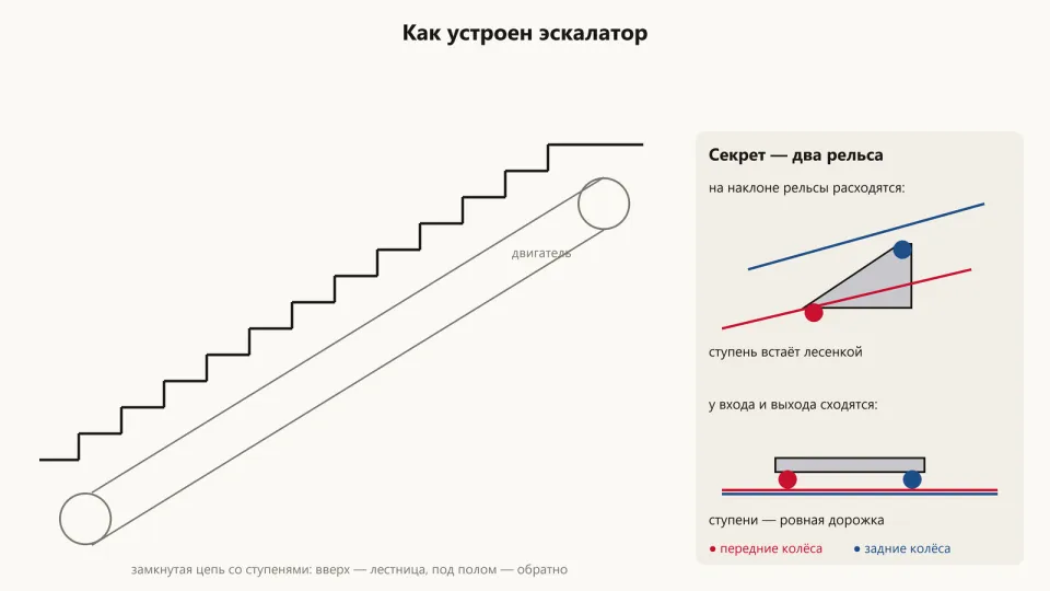 Слева наклонная лестница эскалатора с замкнутой цепью, справа схема ступени с передними и задними колёсами на двух рельсах: на наклоне рельсы расходятся, у входа сходятся