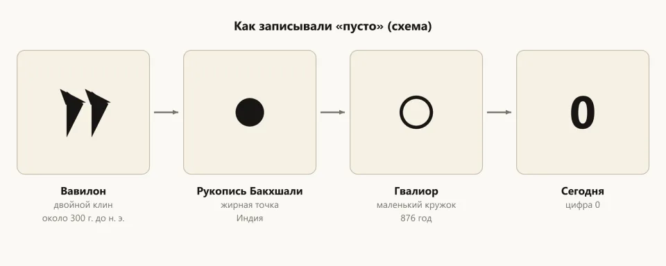Четыре карточки: вавилонский двойной клин, жирная точка из рукописи Бакхшали, кружок из Гвалиора (876 год), современная цифра 0
