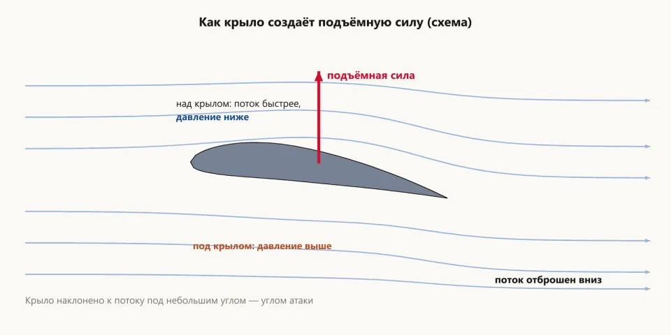 Профиль крыла, наклонённый носом вверх, в потоке воздуха; линии потока огибают крыло и за ним уходят вниз; красная стрелка подъёмной силы вверх, подписи «над крылом давление ниже» и «под крылом давление выше»