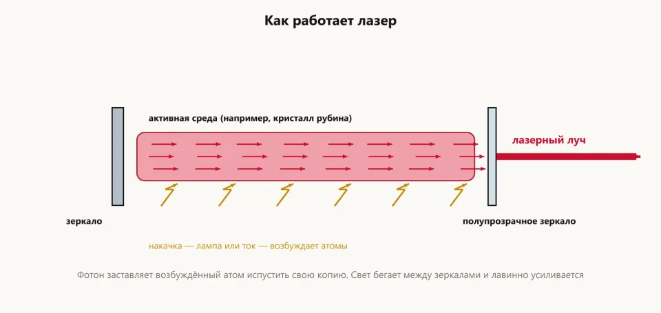 Схема лазера: активная среда между глухим и полупрозрачным зеркалом, накачка снизу, стрелки фотонов внутри и выходящий красный луч