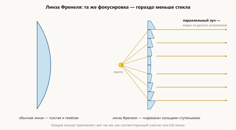 Обычная толстая линза и линза Френеля из колец-ступенек, собирающая свет лампы в параллельный луч