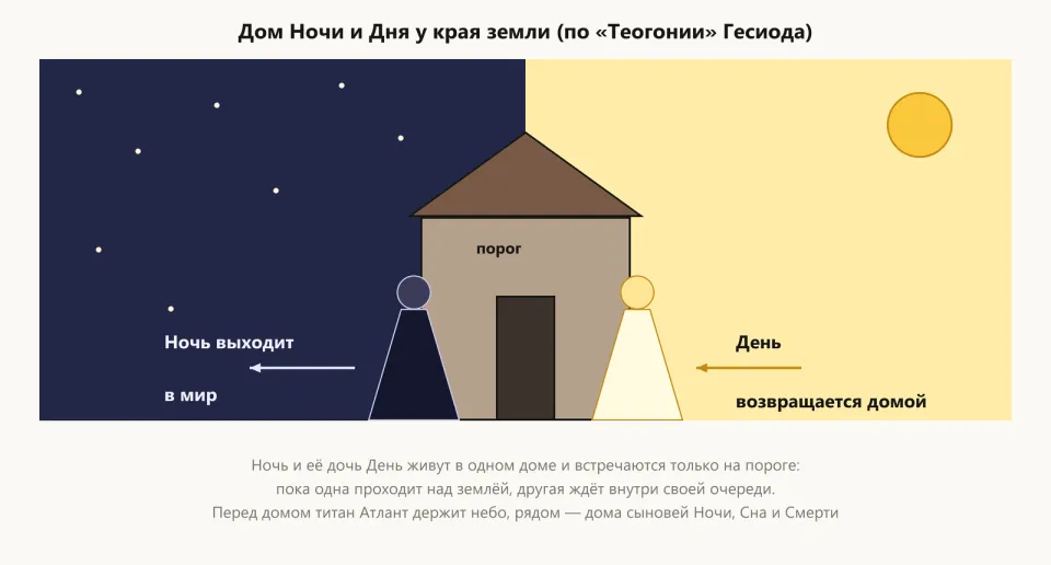 Дом на краю земли: слева ночное небо, справа дневное; на пороге Ночь выходит, а День входит