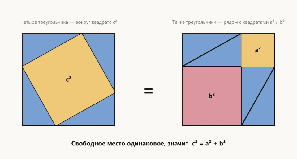 Два одинаковых больших квадрата: в первом четыре синих треугольника окружают жёлтый наклонный квадрат, во втором те же треугольники уложены парами рядом с жёлтым и розовым квадратами
