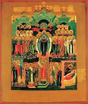 Многофигурная икона: в центре храма стоит Богородица с покровом в руках, вокруг святые; внизу — юродивый Андрей, указывающий на видение