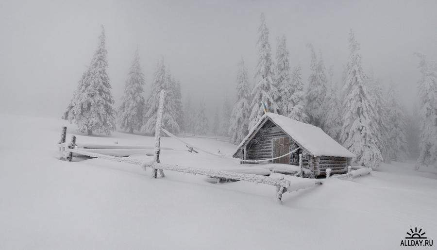 Хижина в зимнем лесу
